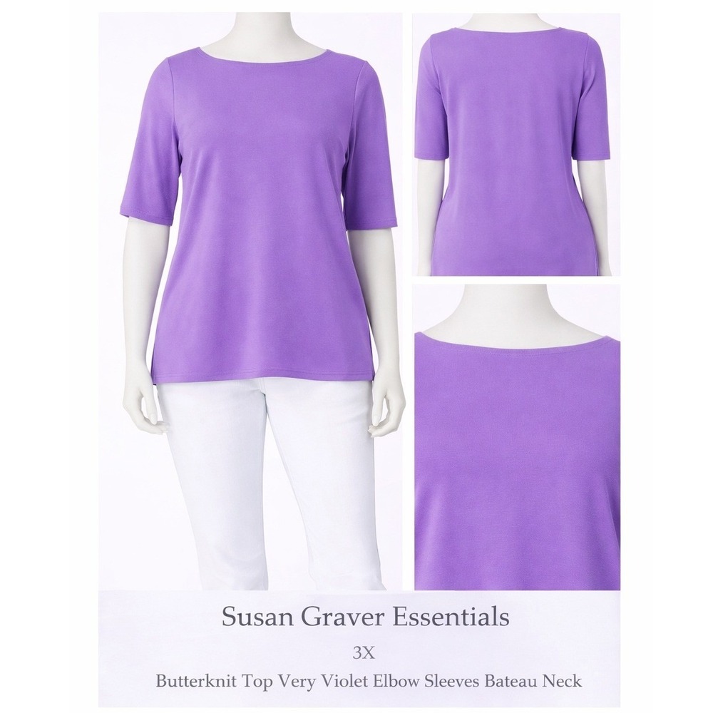 Susan Graver Essentials 3X Butterknit Top Violet Purple Elbow Sleeve Bateau